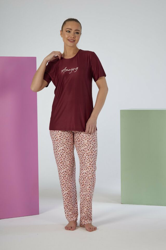 Kadın Yazlık Desenli Kısa Kollu Marla Pijama Takımı - Kırmızı