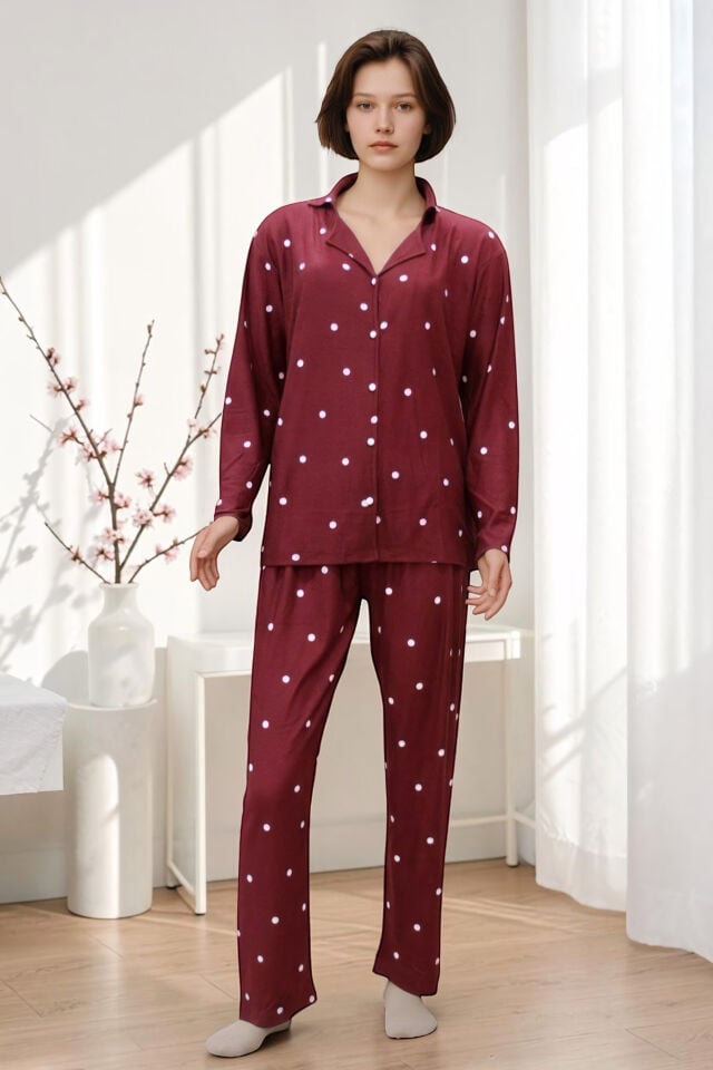Estiva Kadın Puantiyeli Önden Düğmeli Süet Pijama Takımı