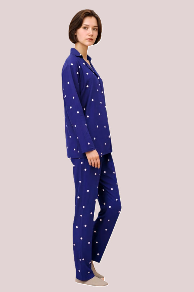 Estiva Kadın Puantiyeli Önden Düğmeli Süet Pijama Takımı