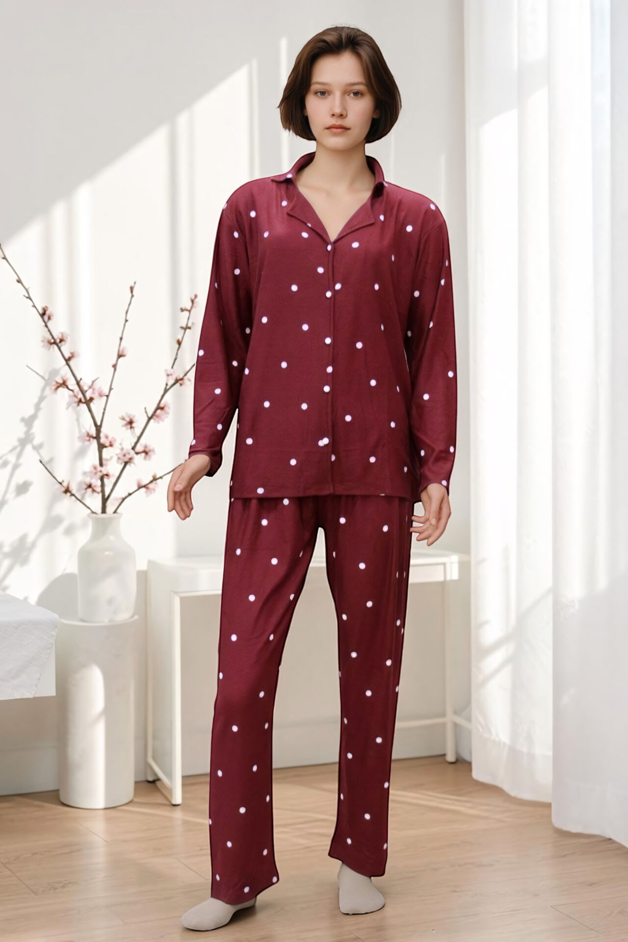 Estiva Kadın Puantiyeli Önden Düğmeli Süet Pijama Takımı M - Bordo