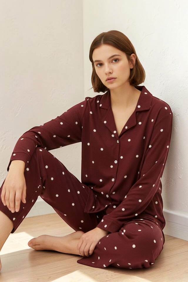 Estiva Kadın Puantiyeli Önden Düğmeli Süet Pijama Takımı M - Bordo