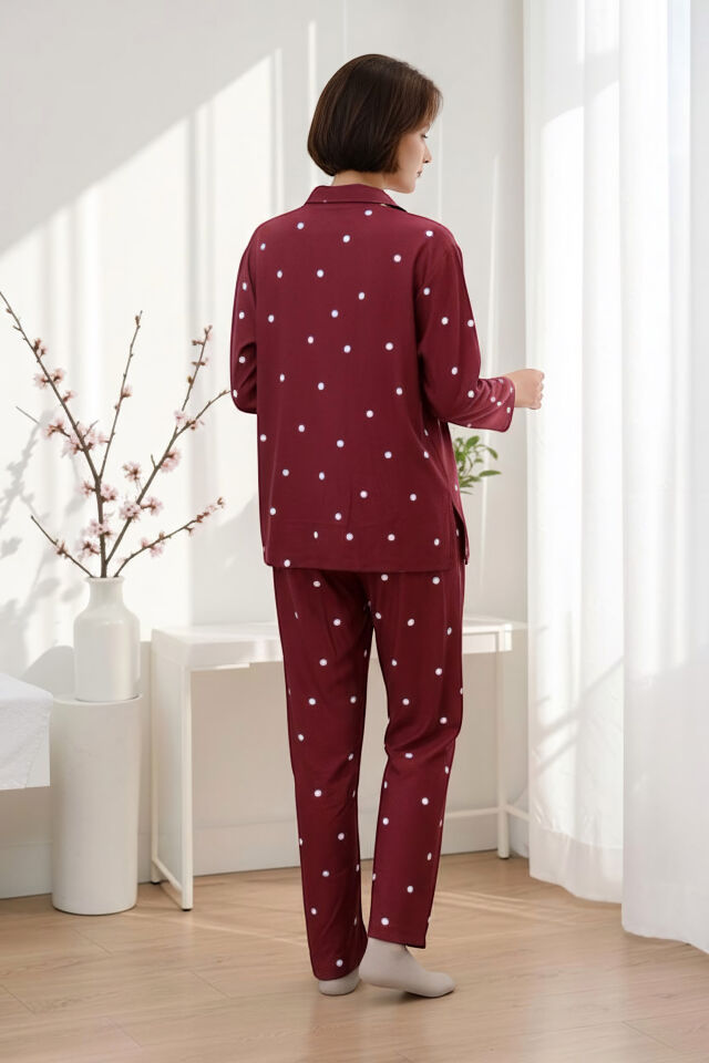 Estiva Kadın Puantiyeli Önden Düğmeli Süet Pijama Takımı M - Bordo