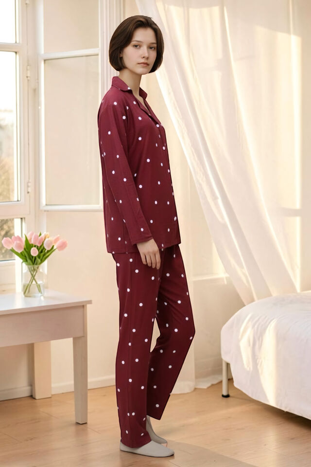 Estiva Kadın Puantiyeli Önden Düğmeli Süet Pijama Takımı XL - Bordo