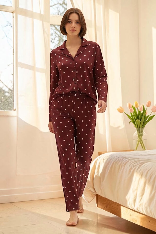 Estiva Kadın Puantiyeli Önden Düğmeli Süet Pijama Takımı XL - Bordo