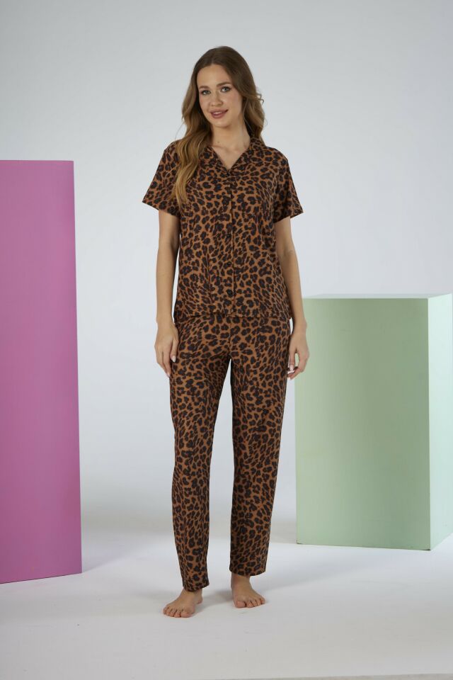Kadın Yazlık Kaplan Desenli Önden Düğmeli Kısa Kollu Marla Pijama Takımı - Kahverengi