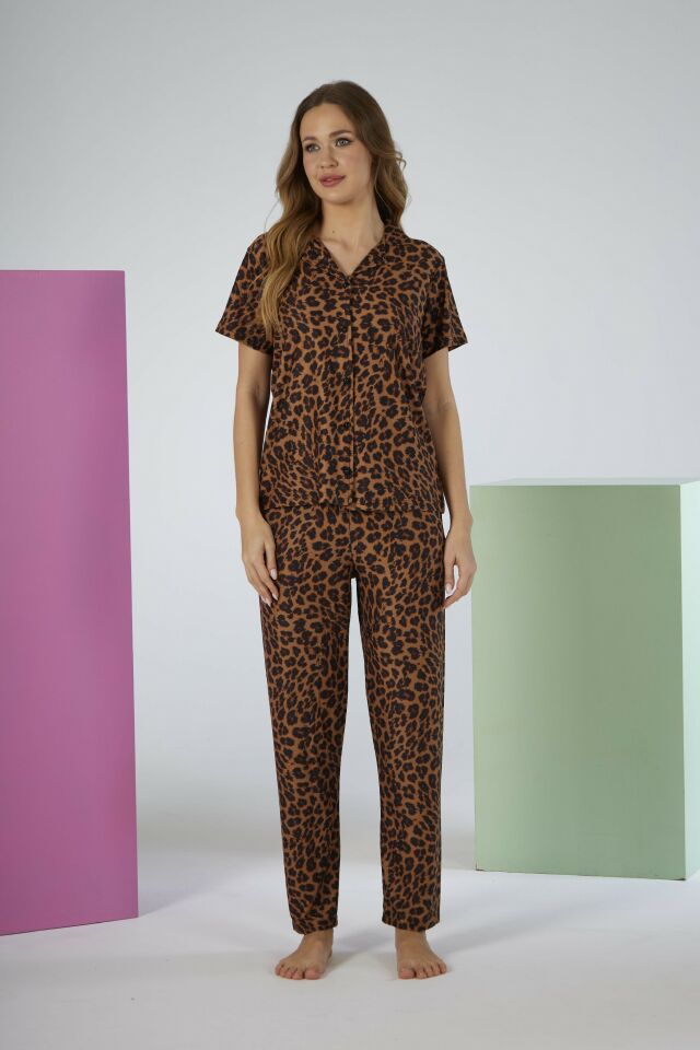 Kadın Yazlık Kaplan Desenli Önden Düğmeli Kısa Kollu Marla Pijama Takımı - Kahverengi