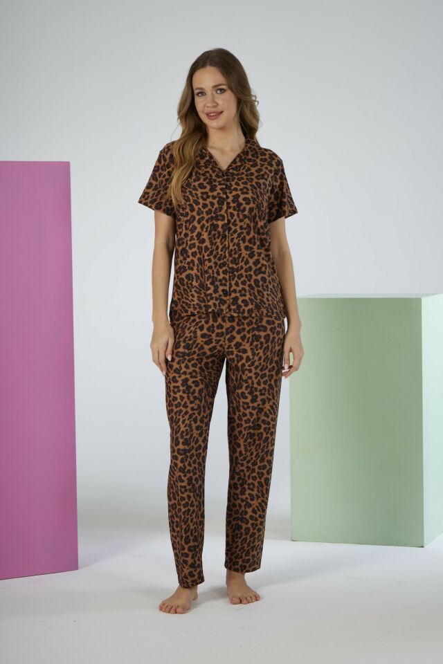 Kadın Yazlık Kaplan Desenli Önden Düğmeli Kısa Kollu Marla Pijama Takımı - Kahverengi