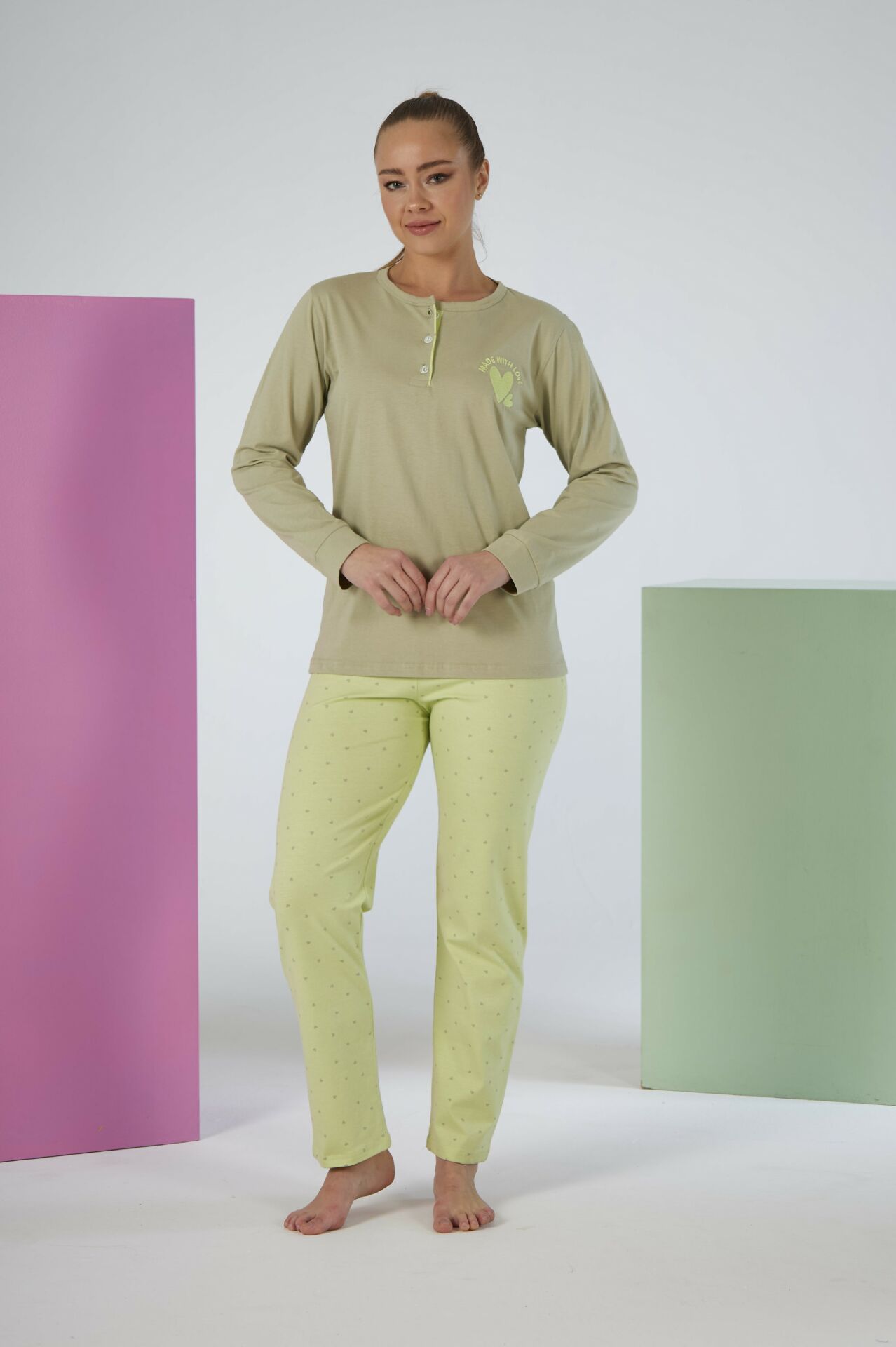 Kadın Kışlık Patlı Desenli Penye Lycra Pijama Takımı M - Yeşil