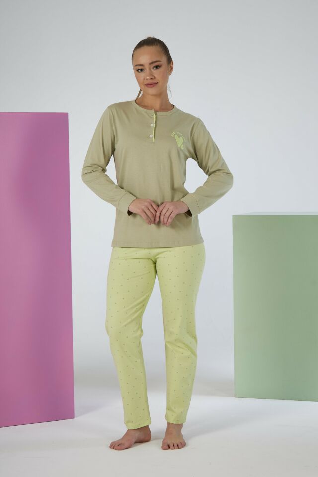 Kadın Kışlık Patlı Desenli Penye Lycra Pijama Takımı M - Yeşil