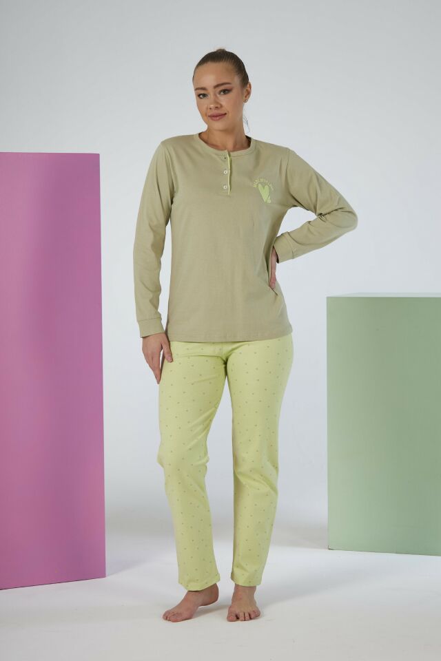 Kadın Kışlık Patlı Desenli Penye Lycra Pijama Takımı M - Yeşil