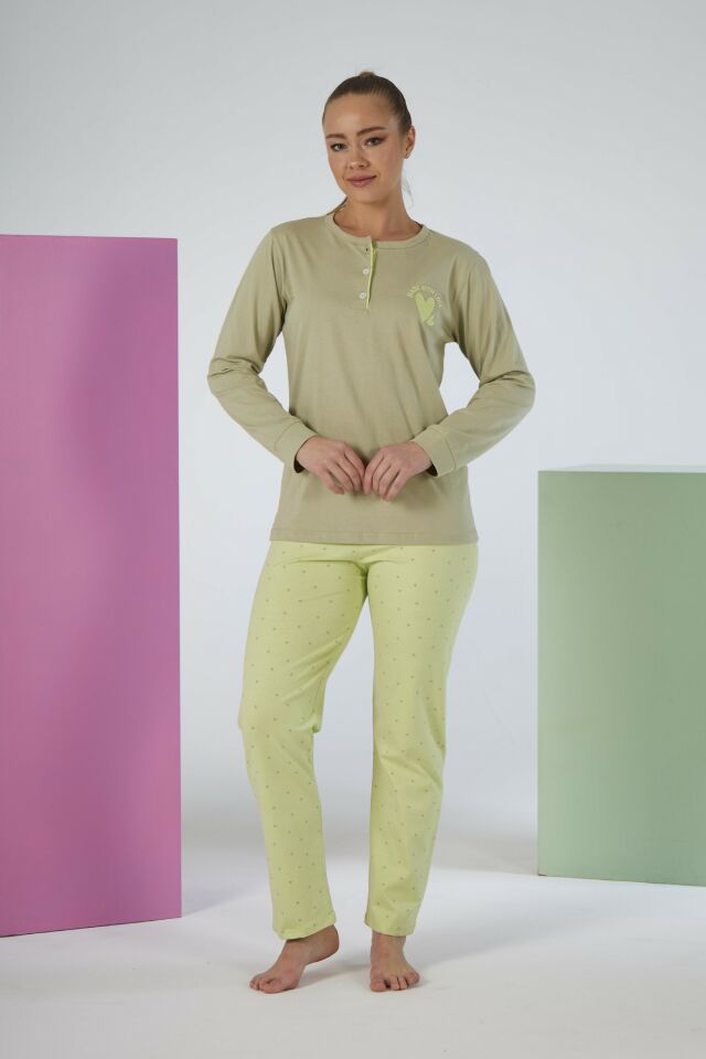 Kadın Kışlık Patlı Desenli Penye Lycra Pijama Takımı M - Yeşil