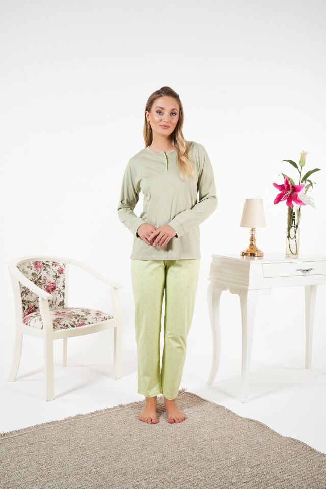 Kadın Kışlık Patlı Desenli Penye Lycra Pijama Takımı L - Yeşil