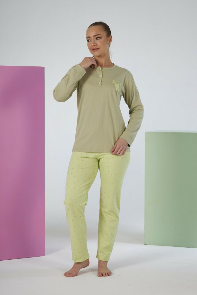 Kadın Kışlık Patlı Desenli Penye Lycra Pijama Takımı L - Yeşil