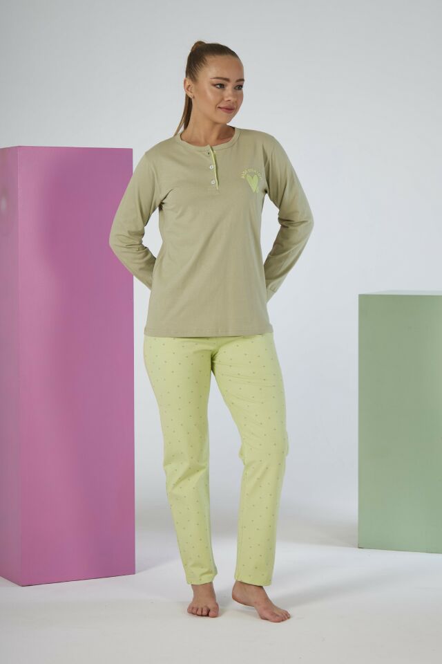 Kadın Kışlık Patlı Desenli Penye Lycra Pijama Takımı L - Yeşil