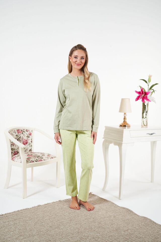 Kadın Kışlık Patlı Desenli Penye Lycra Pijama Takımı L - Yeşil