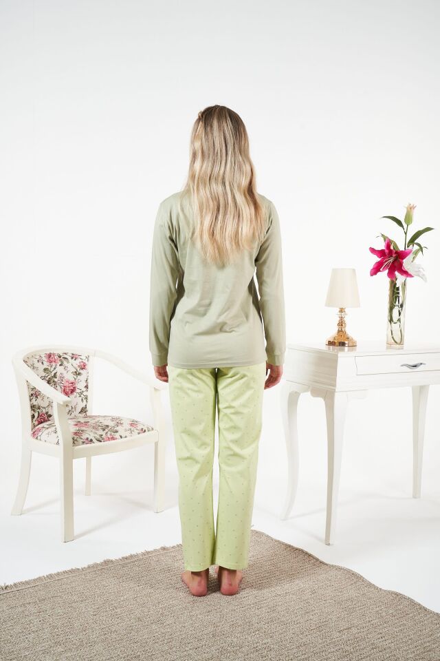 Kadın Kışlık Patlı Desenli Penye Lycra Pijama Takımı L - Yeşil