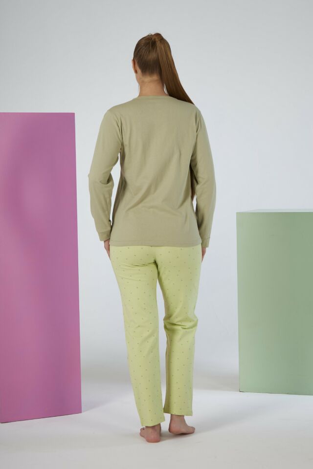 Kadın Kışlık Patlı Desenli Penye Lycra Pijama Takımı XL - Yeşil