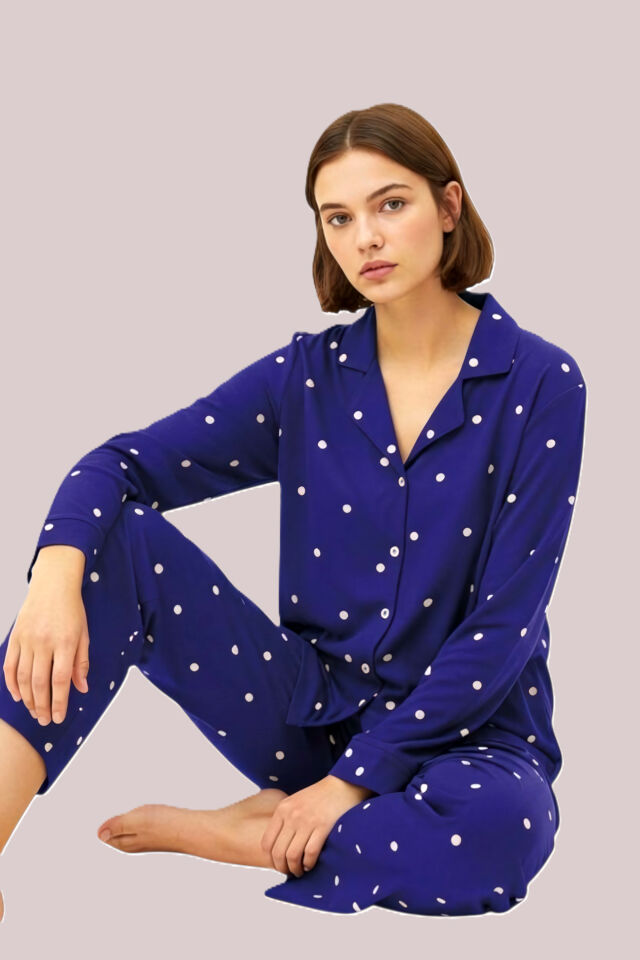 Estiva Kadın Puantiyeli Önden Düğmeli Süet Pijama Takımı Lacivert - XL