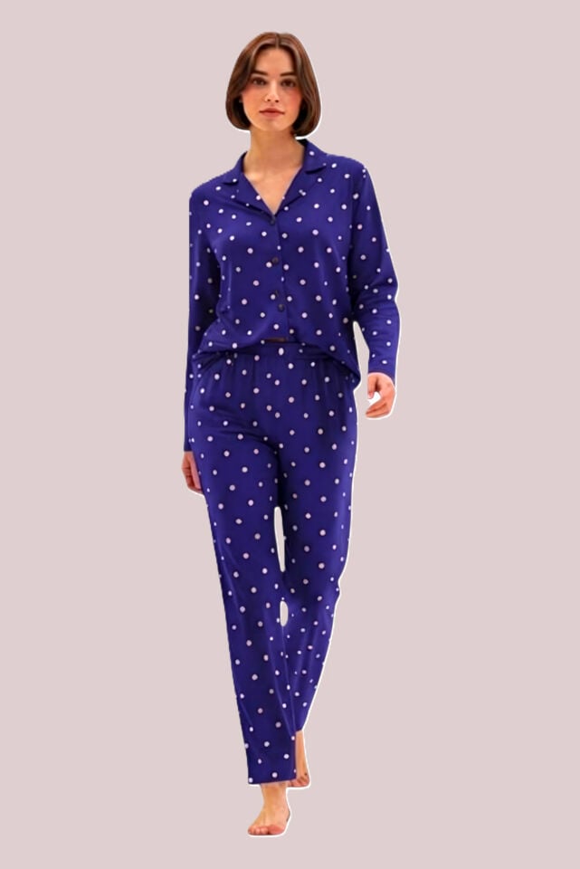 Estiva Kadın Puantiyeli Önden Düğmeli Süet Pijama Takımı Lacivert - XL