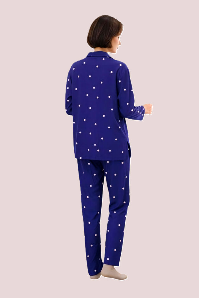 Estiva Kadın Puantiyeli Önden Düğmeli Süet Pijama Takımı Lacivert - XL