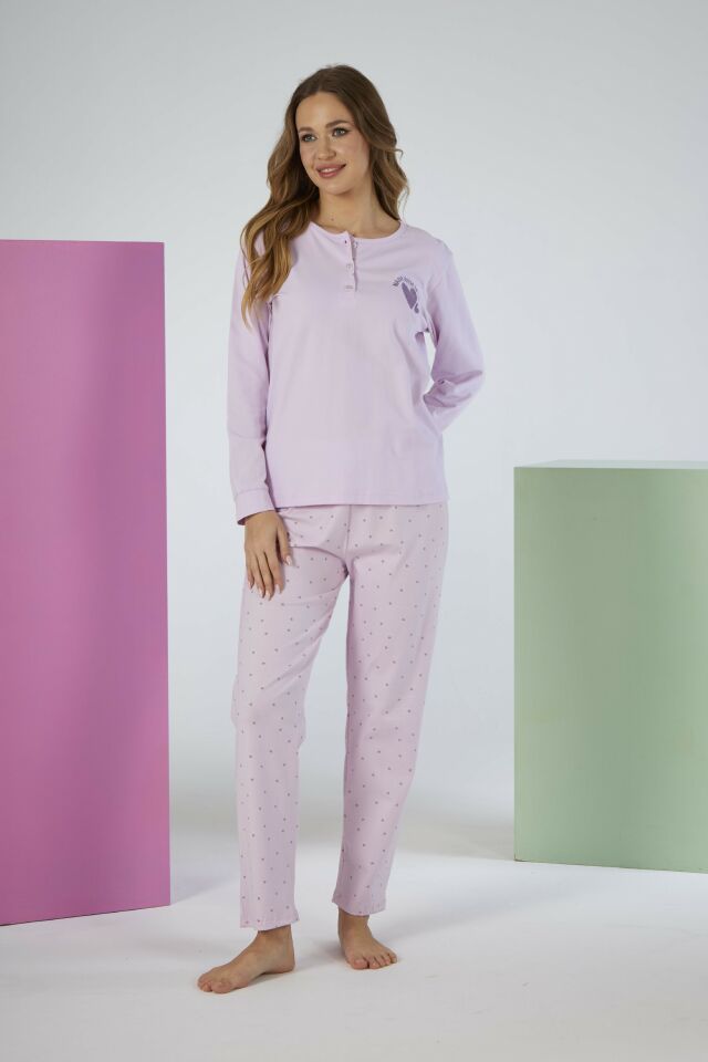 Kadın Kışlık Patlı Desenli Penye Lycra Pijama Takımı S - Lila