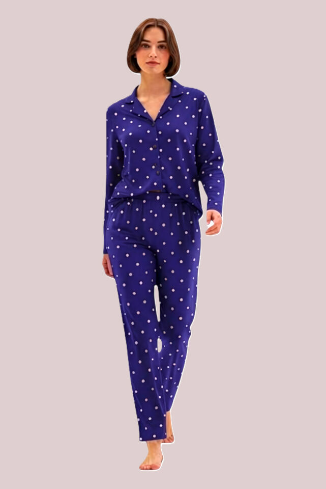 Estiva Kadın Puantiyeli Önden Düğmeli Süet Pijama Takımı Lacivert - 2XL