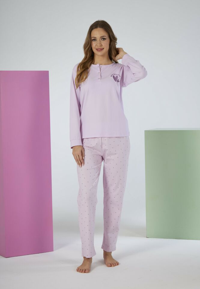 Kadın Kışlık Patlı Desenli Penye Lycra Pijama Takımı M - Lila