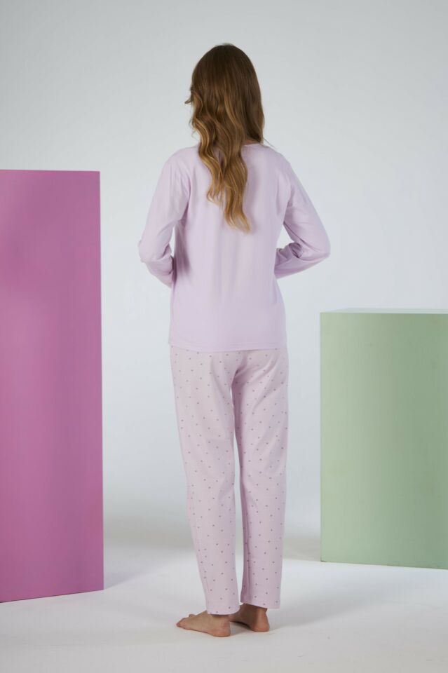Kadın Kışlık Patlı Desenli Penye Lycra Pijama Takımı M - Lila