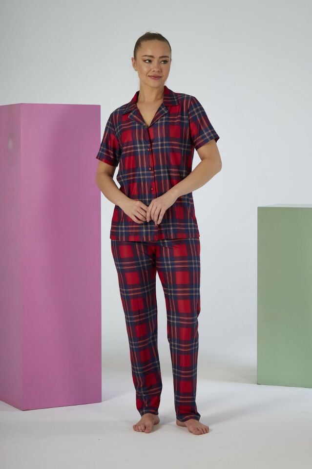 Kadın Yazlık Kareli Önden Düğmeli Kısa Kollu Marla Pijama Takımı - Kırmızı