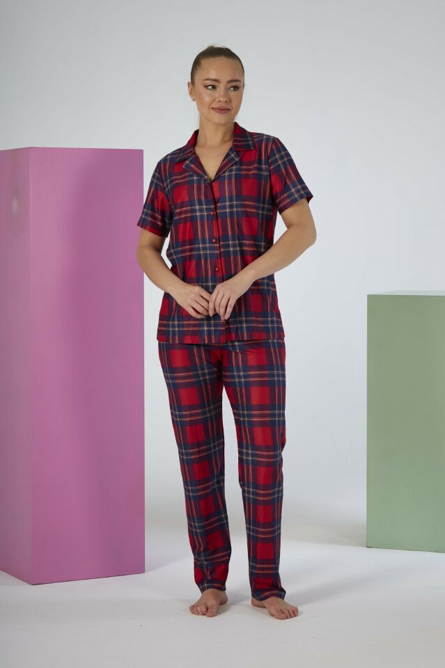Kadın Yazlık Kareli Önden Düğmeli Kısa Kollu Marla Pijama Takımı - Kırmızı