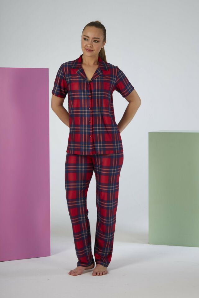 Kadın Yazlık Kareli Önden Düğmeli Kısa Kollu Marla Pijama Takımı - Kırmızı