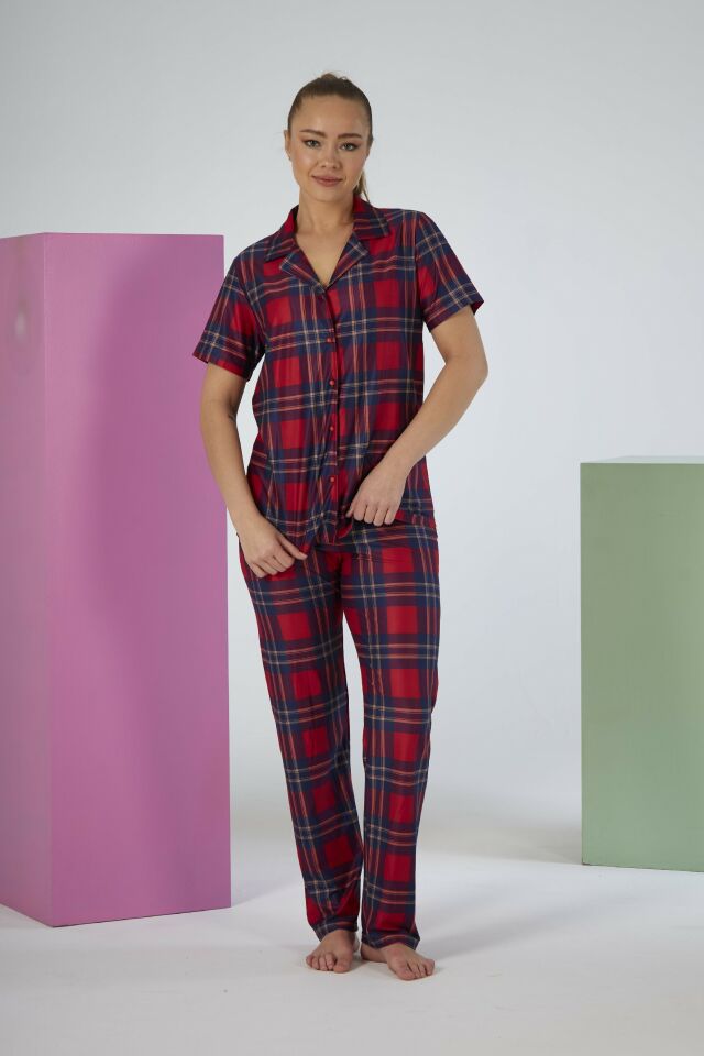 Kadın Yazlık Kareli Önden Düğmeli Kısa Kollu Marla Pijama Takımı - Kırmızı