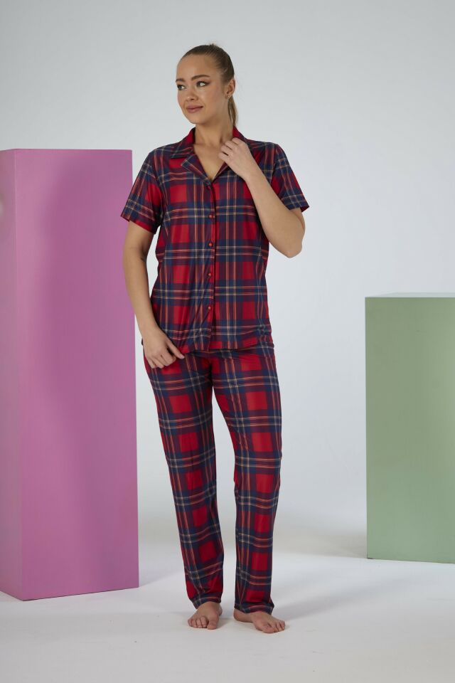 Kadın Yazlık Kareli Önden Düğmeli Kısa Kollu Marla Pijama Takımı - Kırmızı