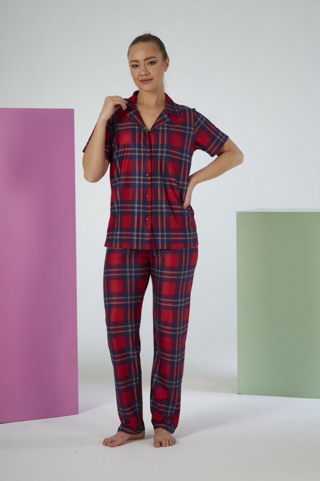 Kadın Yazlık Kareli Önden Düğmeli Kısa Kollu Marla Pijama Takımı - Kırmızı
