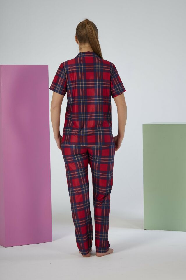 Kadın Yazlık Kareli Önden Düğmeli Kısa Kollu Marla Pijama Takımı - Kırmızı