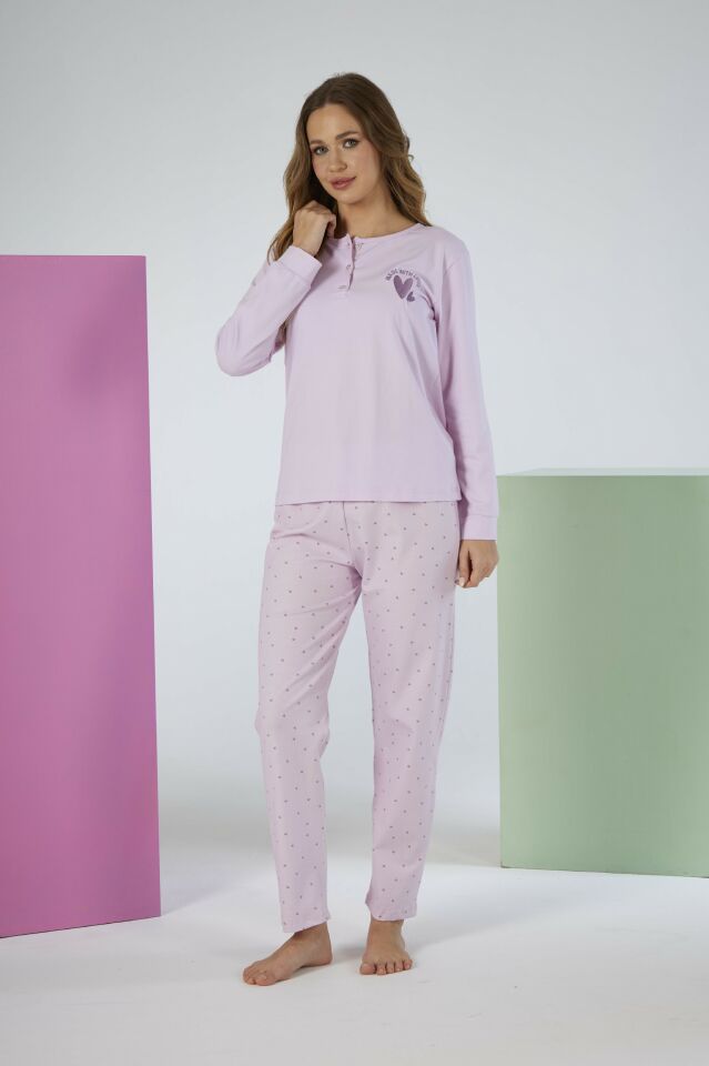 Kadın Kışlık Patlı Desenli Penye Lycra Pijama Takımı L - Lila