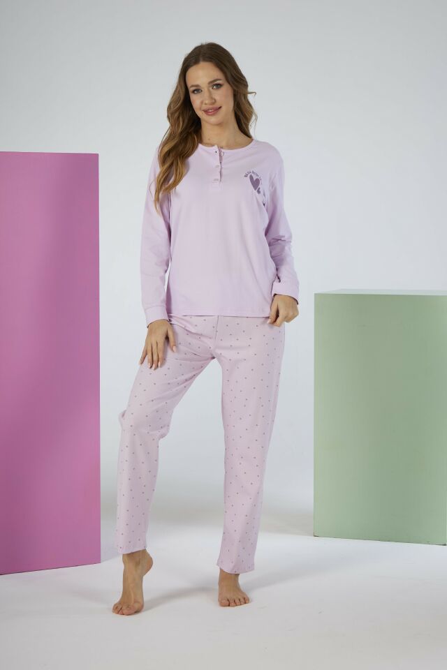 Kadın Kışlık Patlı Desenli Penye Lycra Pijama Takımı XL - Lila
