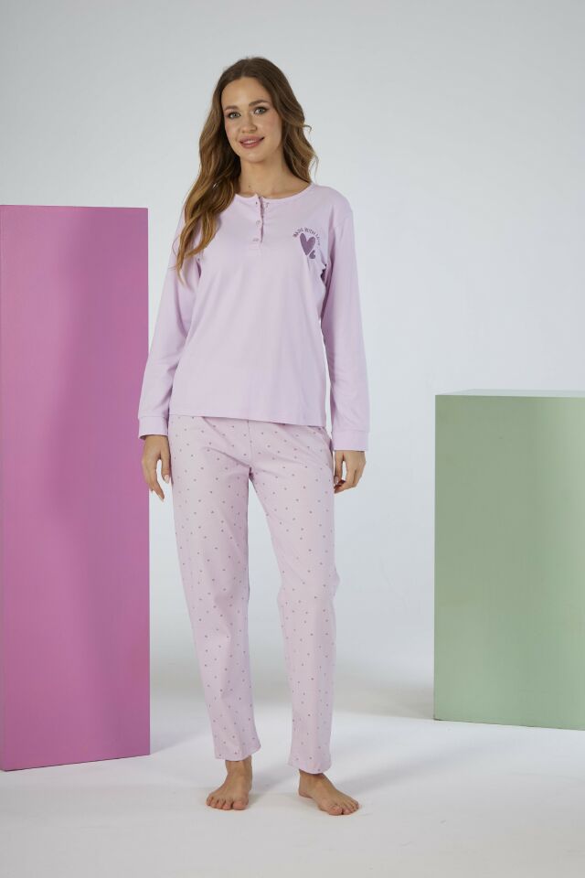 Kadın Kışlık Patlı Desenli Penye Lycra Pijama Takımı XL - Lila