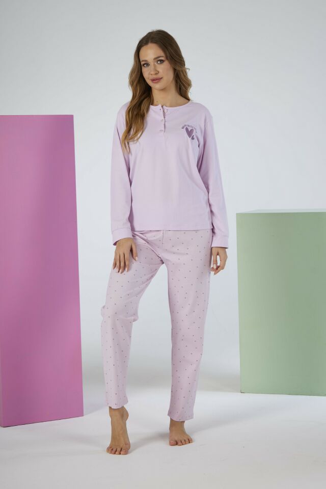 Kadın Kışlık Patlı Desenli Penye Lycra Pijama Takımı XL - Lila