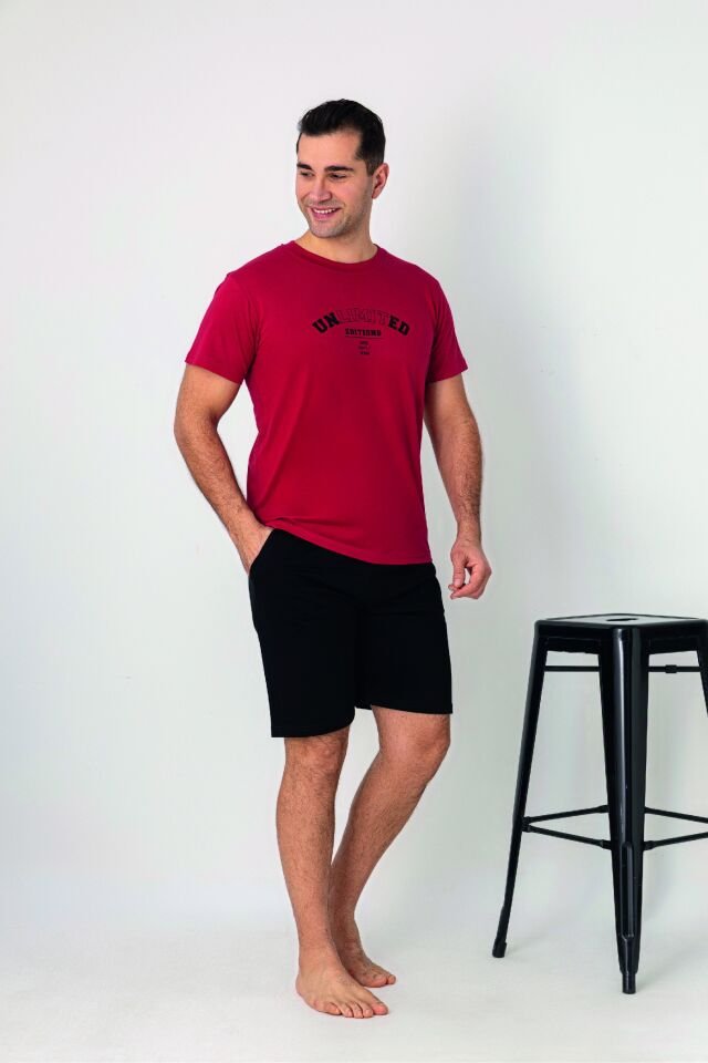 Estiva Erkek Unlimited Baskılı Kısa Kollu Şortlu Penye Pijama Takımı L - Bordo