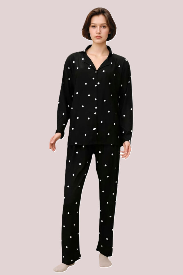 Estiva Kadın Puantiyeli Önden Düğmeli Süet Pijama Takımı Siyah - XL