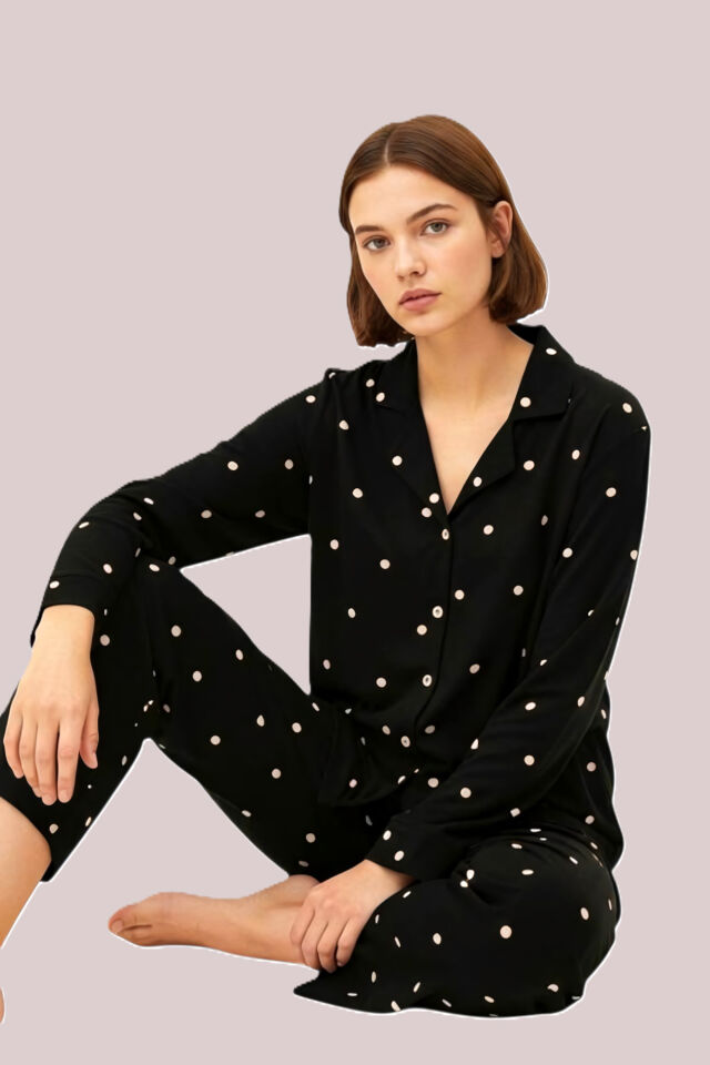 Estiva Kadın Puantiyeli Önden Düğmeli Süet Pijama Takımı Siyah - XL