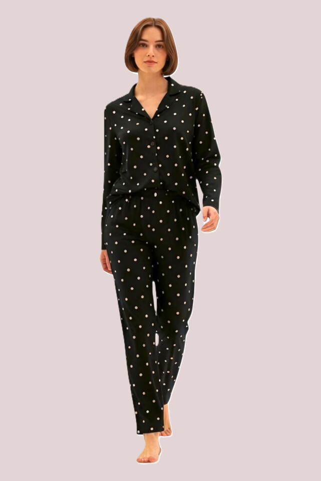 Estiva Kadın Puantiyeli Önden Düğmeli Süet Pijama Takımı Siyah - 2XL