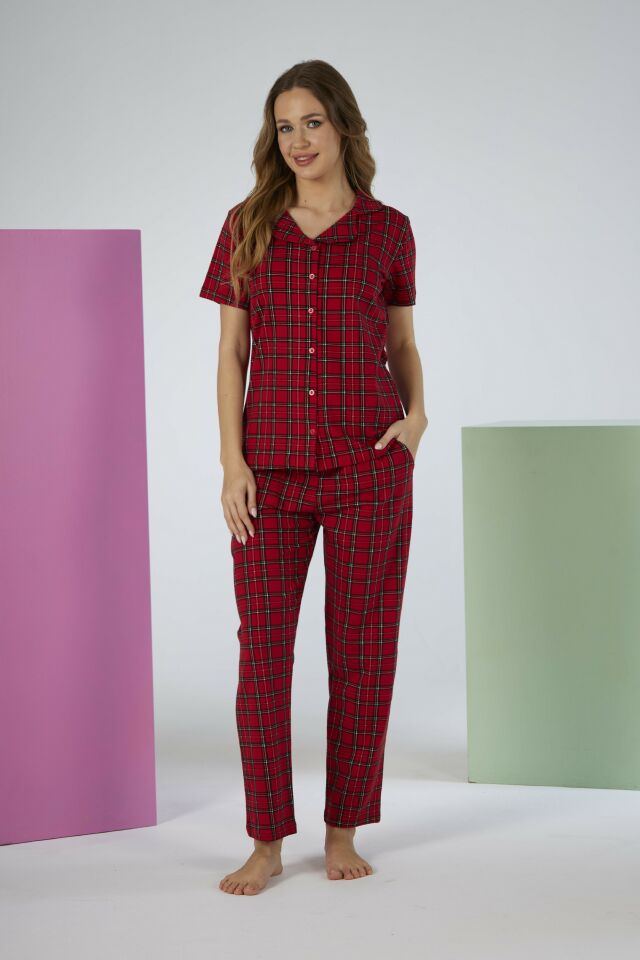 Kadın Yazlık Kareli Önden Düğmeli Kısa Kollu Penye Lycra Pijama Takımı