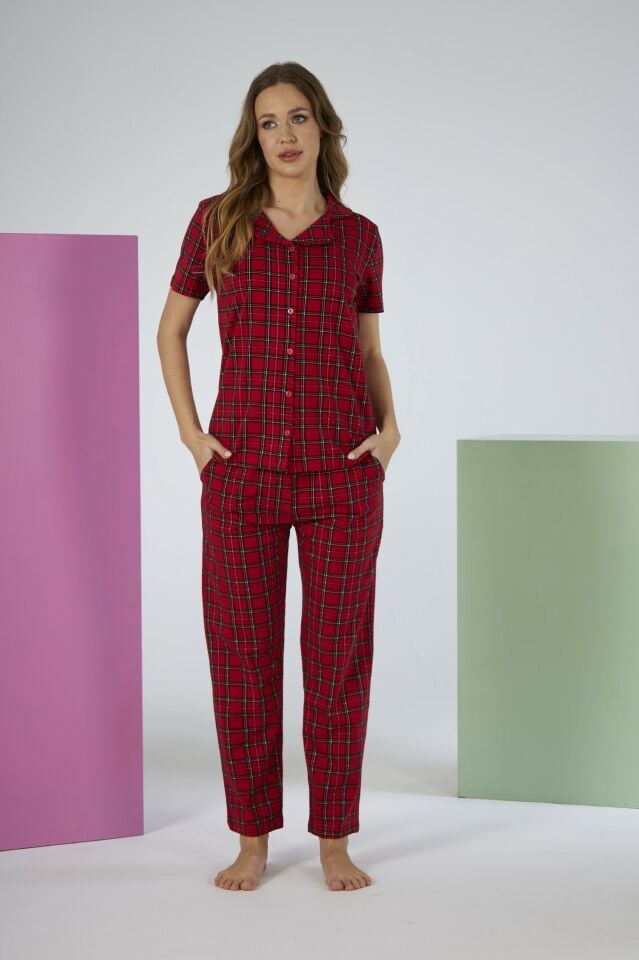 Kadın Yazlık Kareli Önden Düğmeli Kısa Kollu Penye Lycra Pijama Takımı