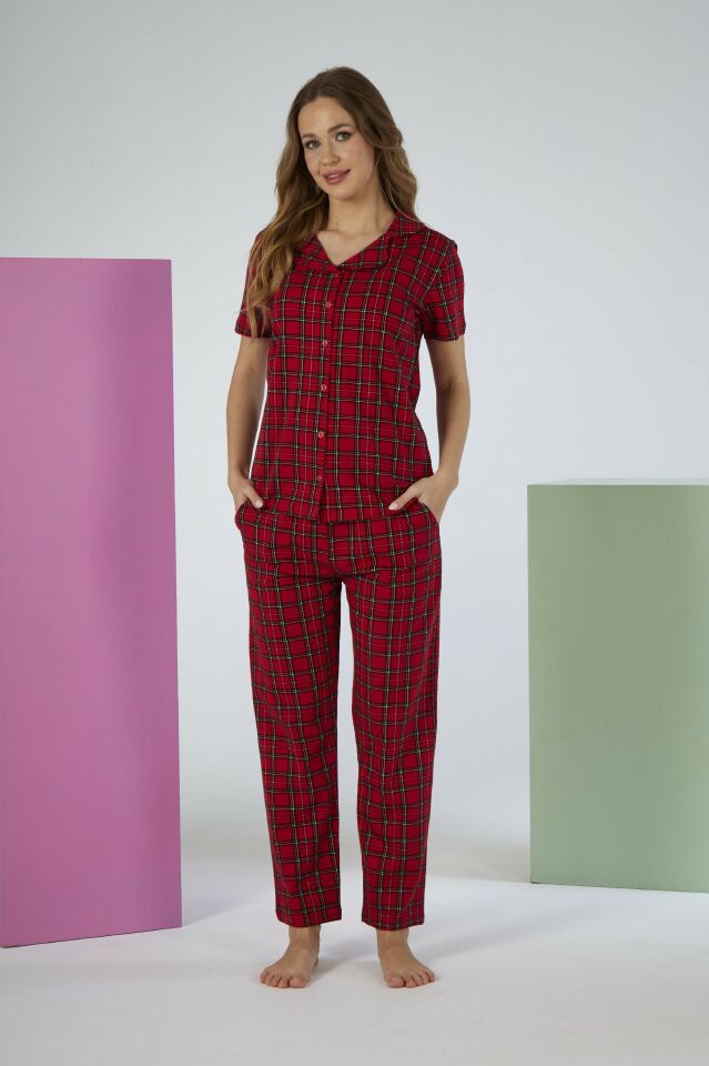 Kadın Yazlık Kareli Önden Düğmeli Kısa Kollu Penye Lycra Pijama Takımı