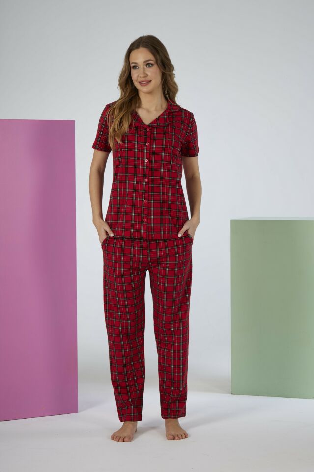 Kadın Yazlık Kareli Önden Düğmeli Kısa Kollu Penye Lycra Pijama Takımı