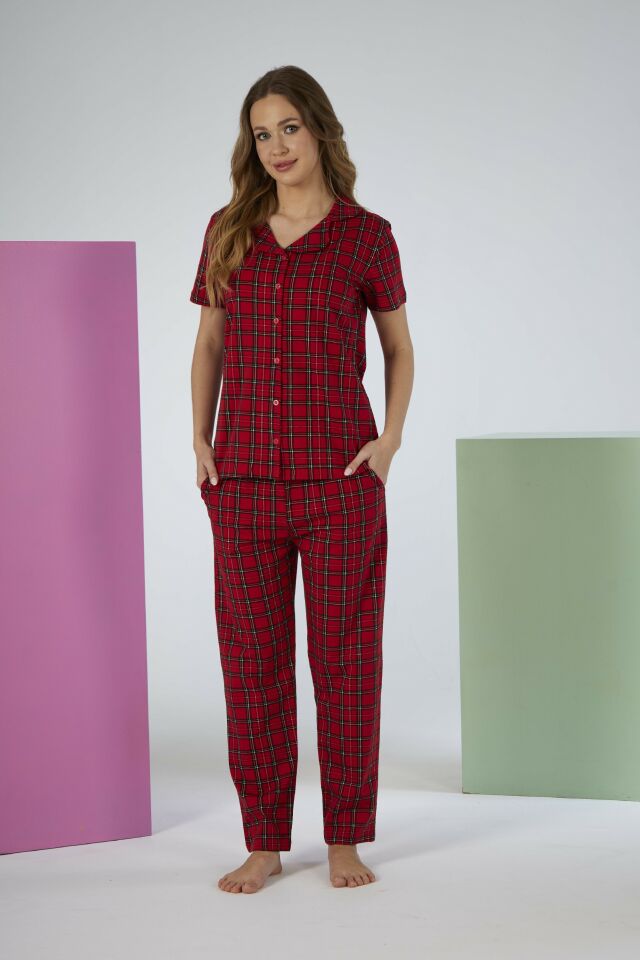 Kadın Yazlık Kareli Önden Düğmeli Kısa Kollu Penye Lycra Pijama Takımı