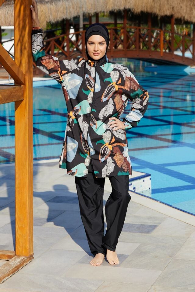 Estiva Botanic Noir Tam Kapalı Pantolonlu Fermuarlı Tesettür Mayo