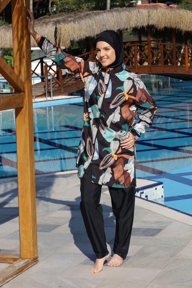 Estiva Botanic Noir Tam Kapalı Pantolonlu Fermuarlı Tesettür Mayo